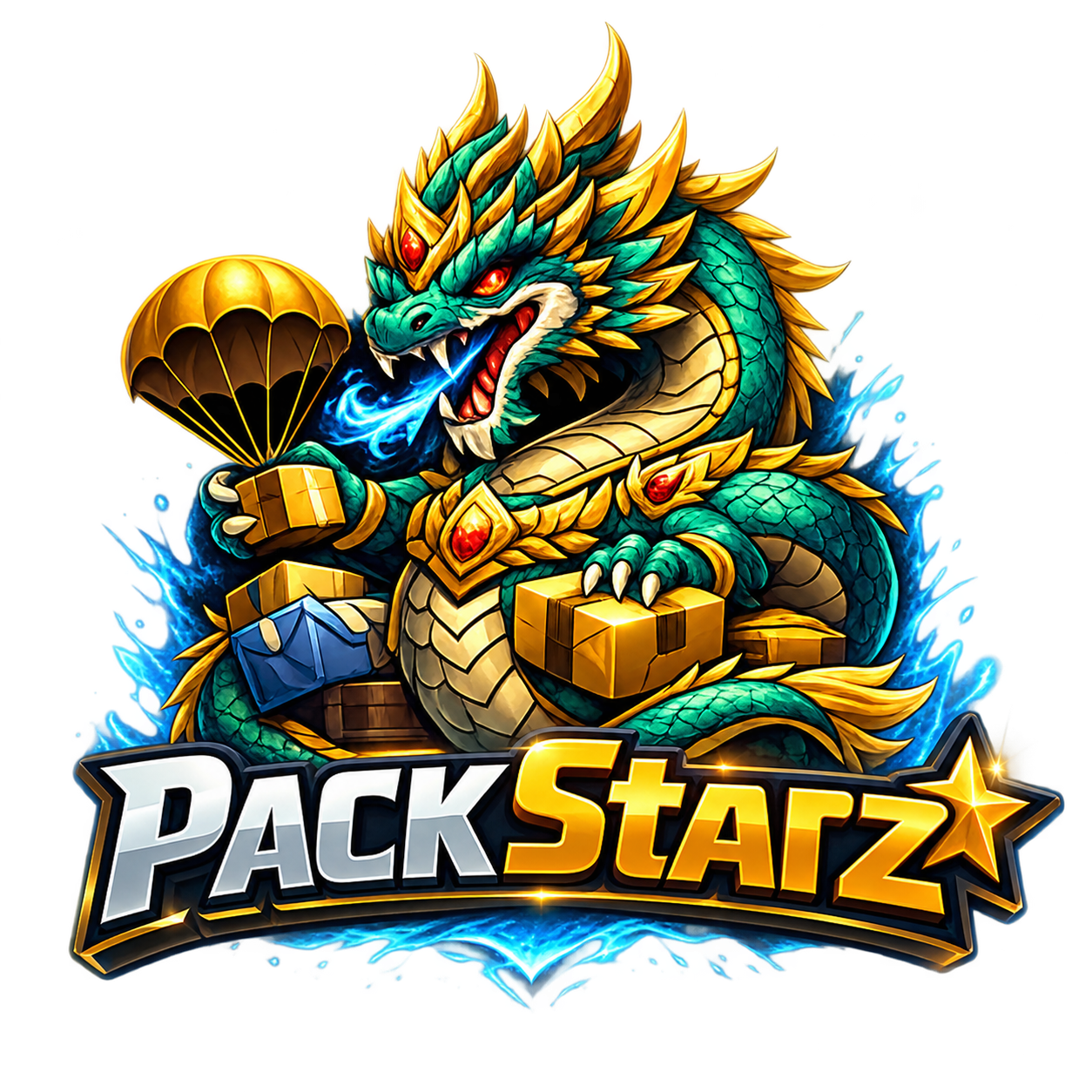 The emerald and gold PackStarz dragon with treasure and the PackStarz wordmark